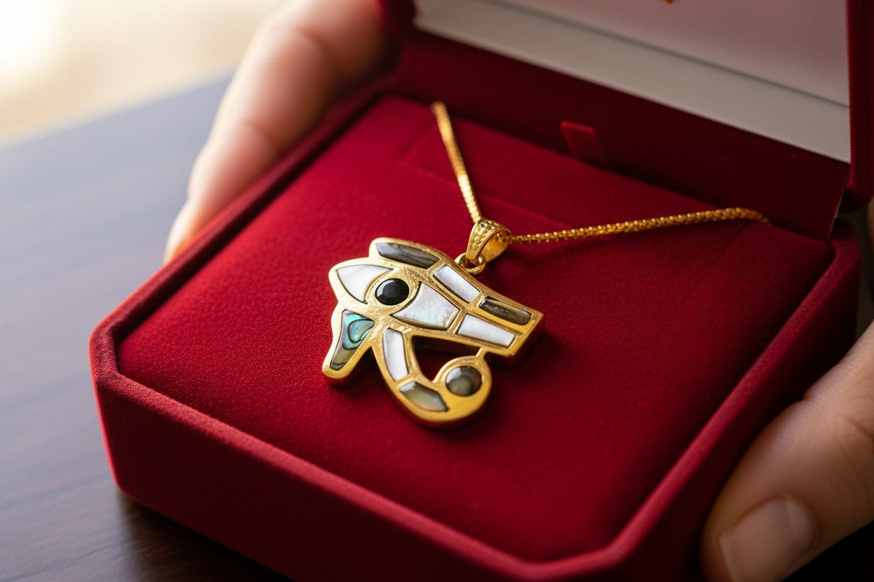 Gold Eye of Horus Pendant, Mother of Pearl Egyptian Revival Jewelry