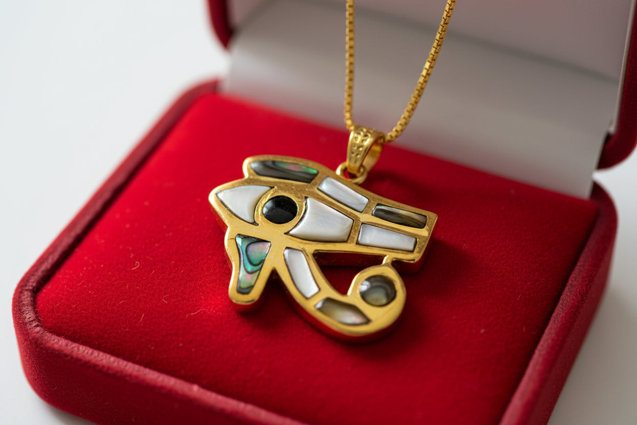 Gold Eye of Horus Pendant, Mother of Pearl Egyptian Revival Jewelry