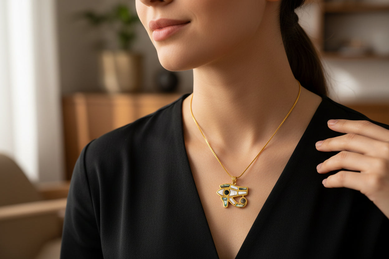 Gold Eye of Horus Pendant, Mother of Pearl Egyptian Revival Jewelry