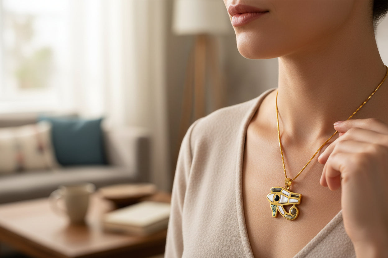 Gold Eye of Horus Pendant, Mother of Pearl Egyptian Revival Jewelry