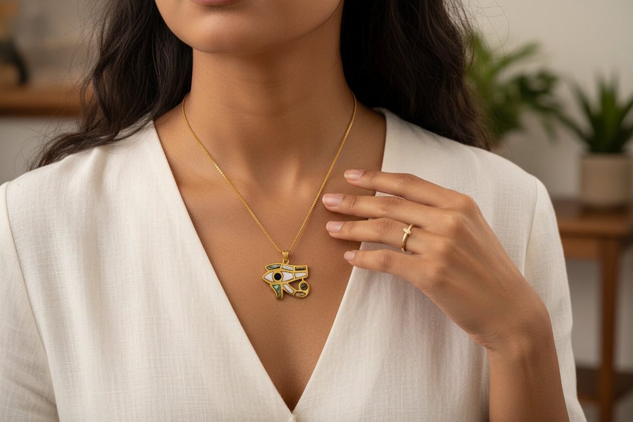 Gold Eye of Horus Pendant, Mother of Pearl Egyptian Revival Jewelry
