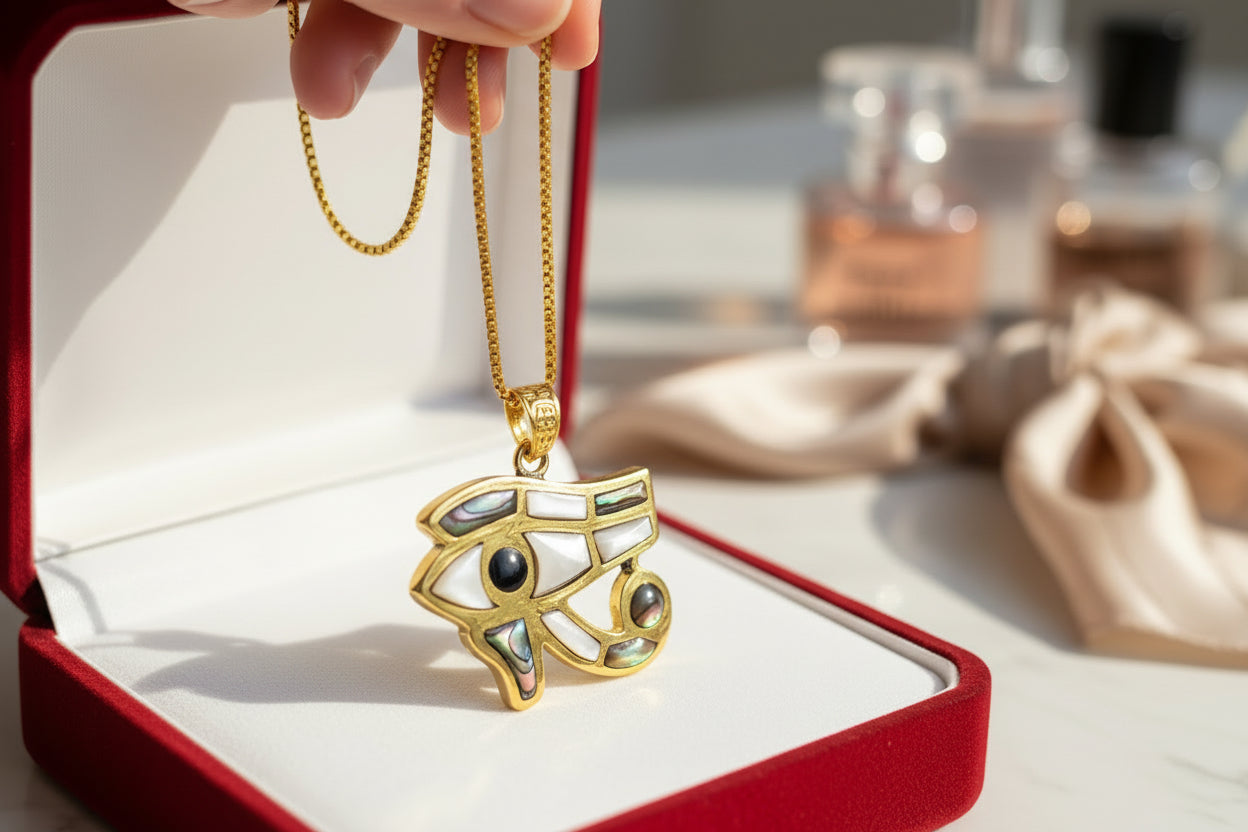 Gold Eye of Horus Pendant, Mother of Pearl Egyptian Revival Jewelry
