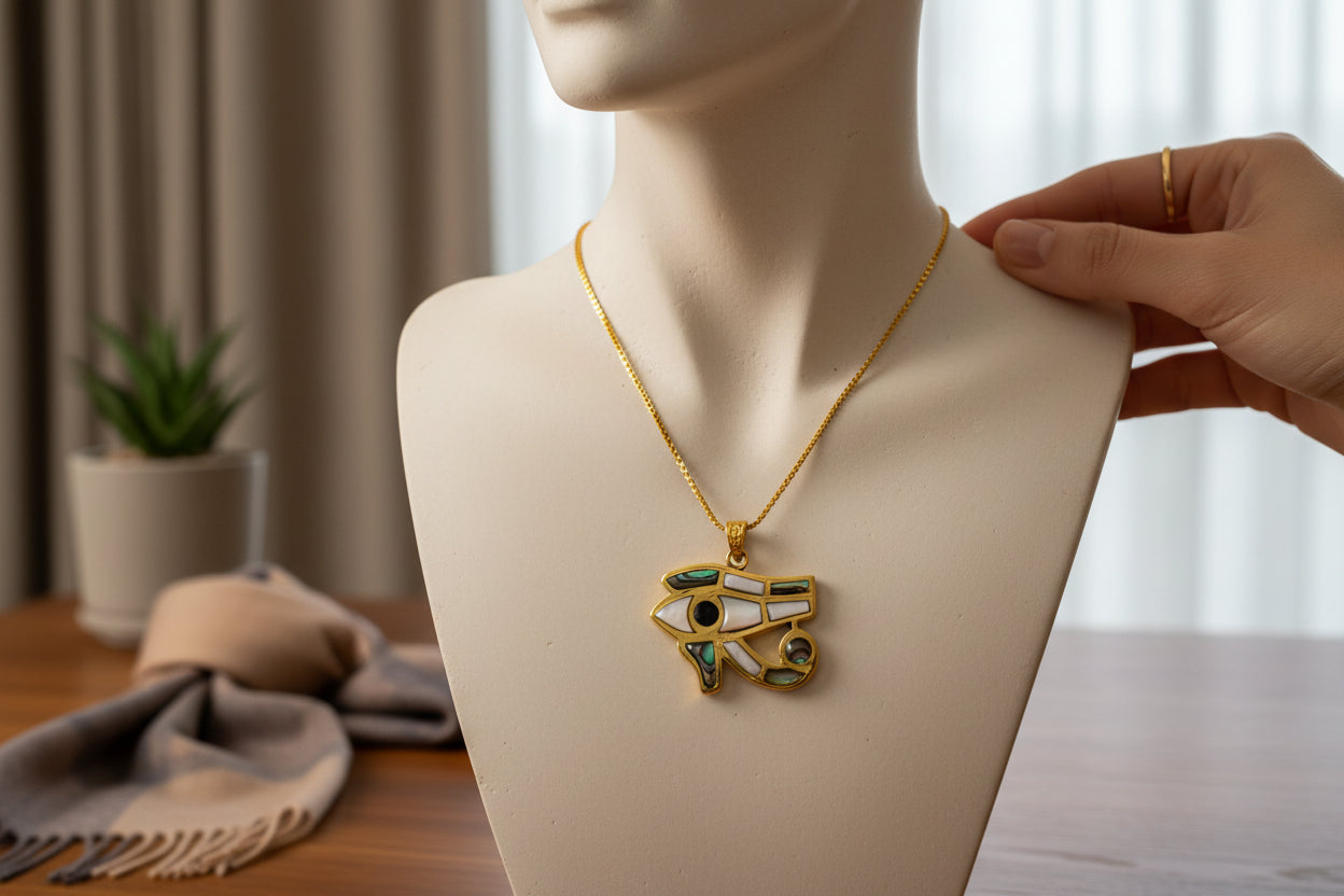 Gold Eye of Horus Pendant, Mother of Pearl Egyptian Revival Jewelry