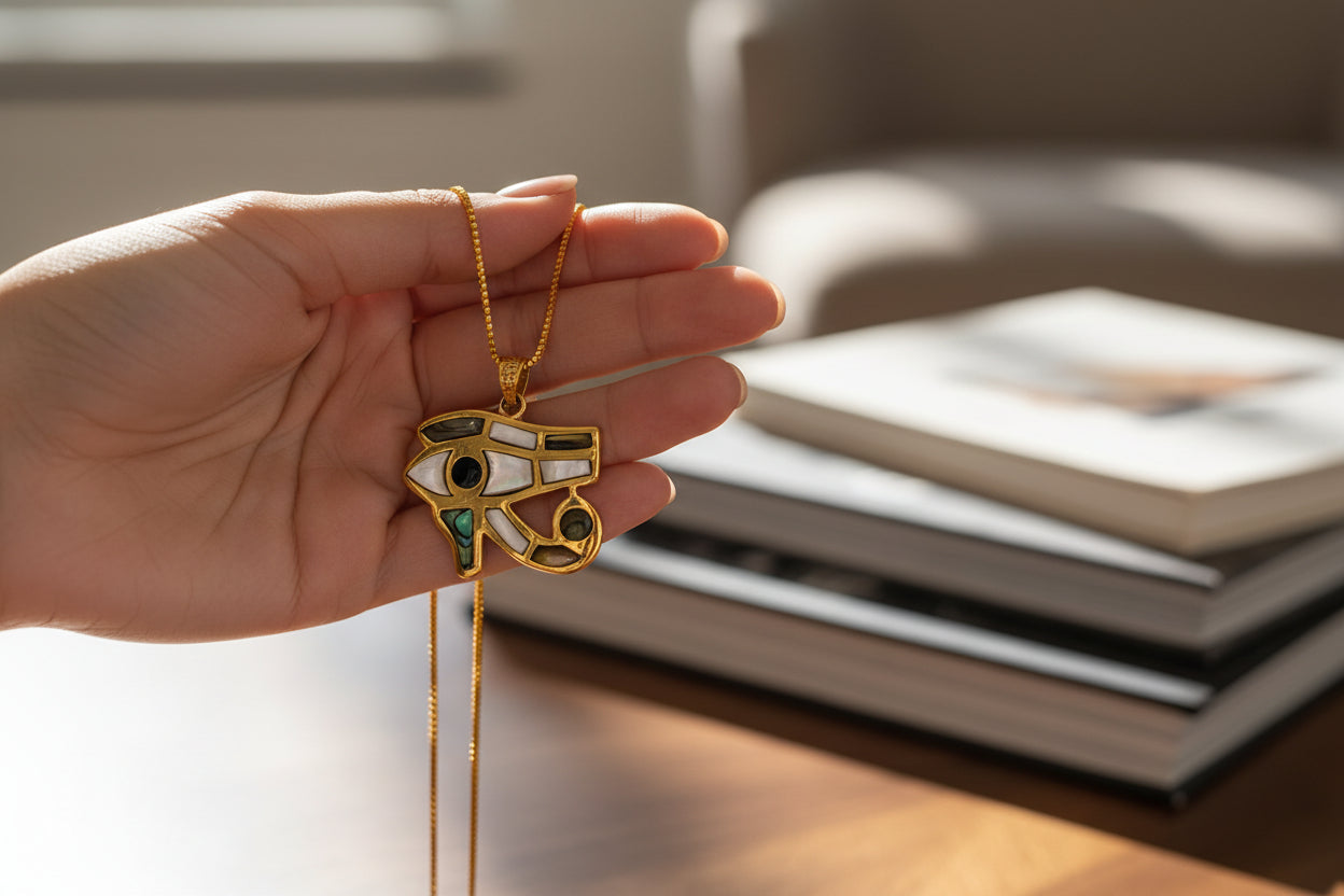 Gold Eye of Horus Pendant, Mother of Pearl Egyptian Revival Jewelry