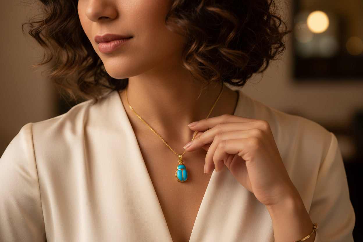 Gold Egyptian Scarab Pendant Necklace, Turquoise Talisman Jewelry