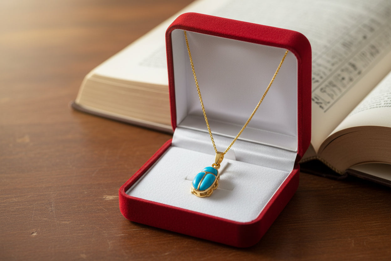 Gold Egyptian Scarab Pendant Necklace, Turquoise Talisman Jewelry
