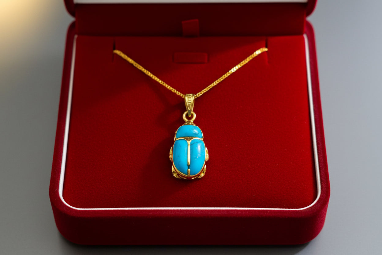 Gold Egyptian Scarab Pendant Necklace, Turquoise Talisman Jewelry