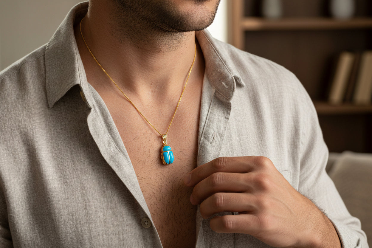 Gold Egyptian Scarab Pendant Necklace, Turquoise Talisman Jewelry