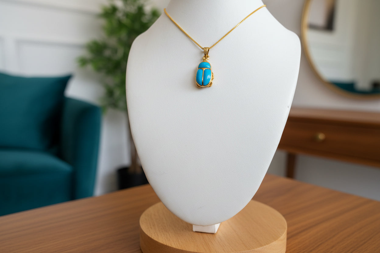 Gold Egyptian Scarab Pendant Necklace, Turquoise Talisman Jewelry