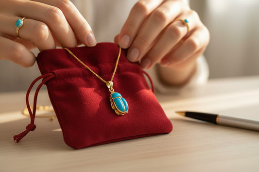 Gold Egyptian Scarab Pendant Necklace, Turquoise Talisman Jewelry