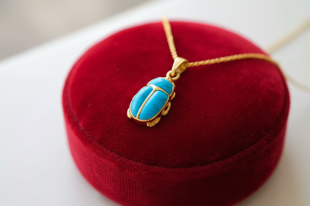 Gold Egyptian Scarab Pendant Necklace, Turquoise Talisman Jewelry