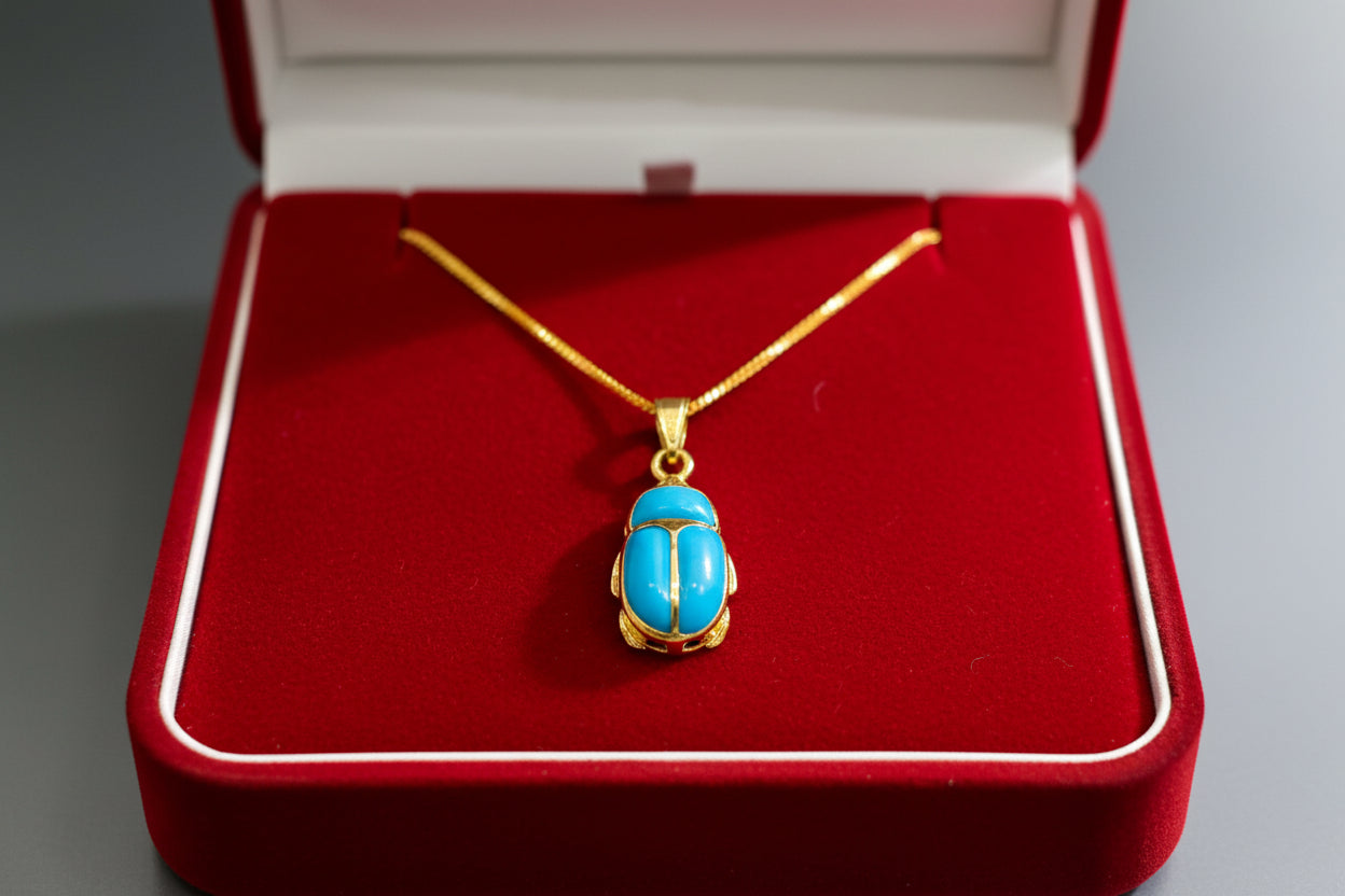 Gold Egyptian Scarab Pendant Necklace, Turquoise Talisman Jewelry