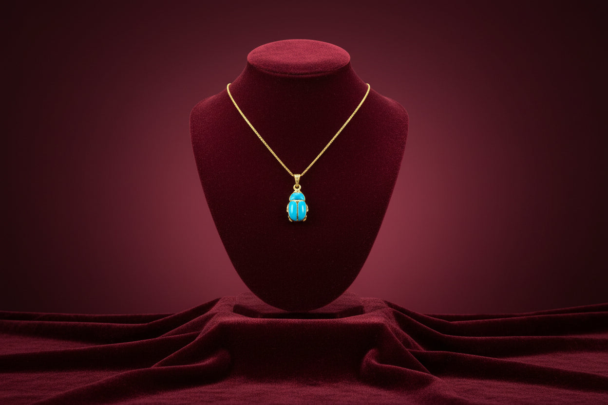 Gold Egyptian Scarab Pendant Necklace, Turquoise Talisman Jewelry