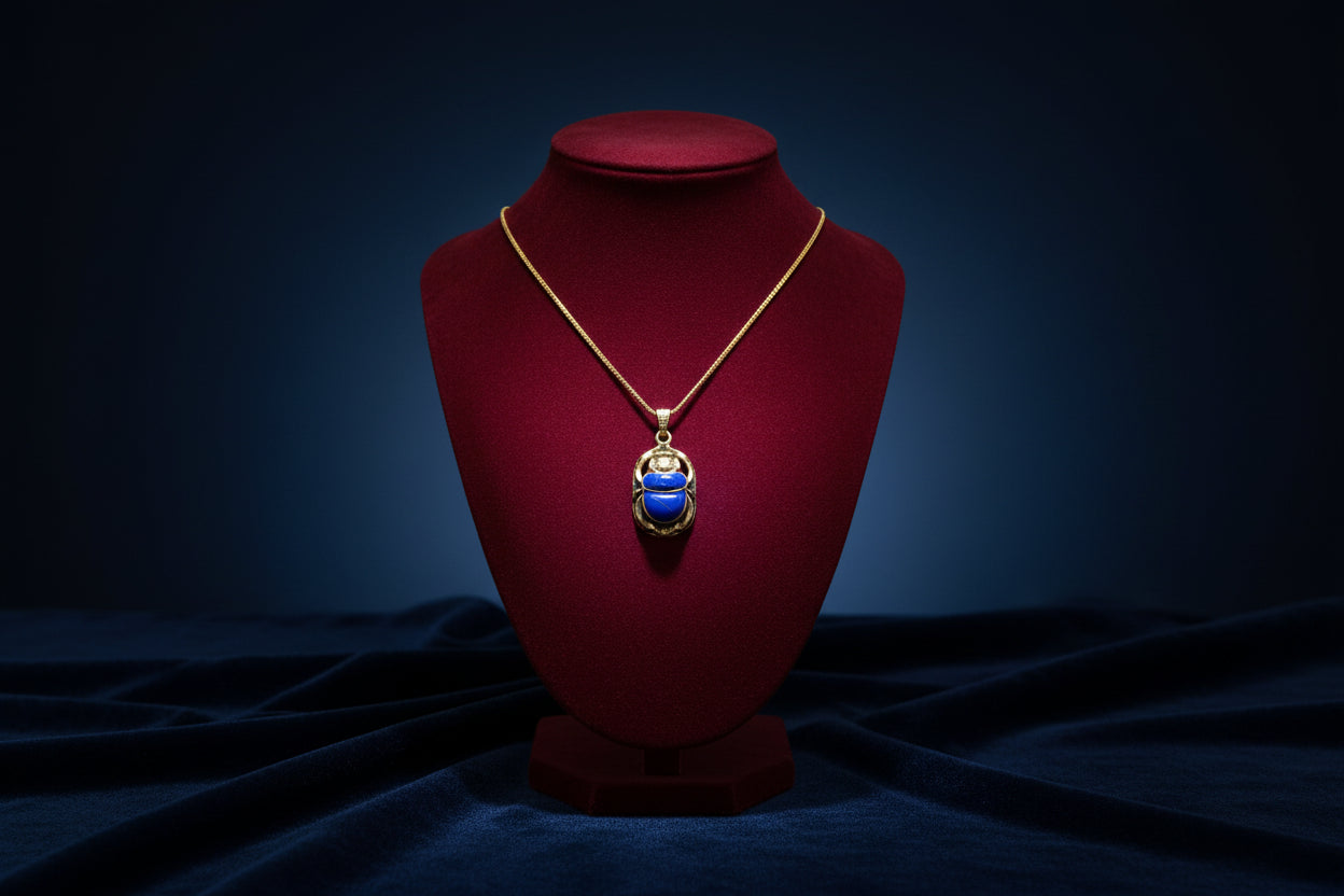 Gold Egyptian Scarab Lapis Lazuli Necklace, Handmade Talisman Divine Pendant