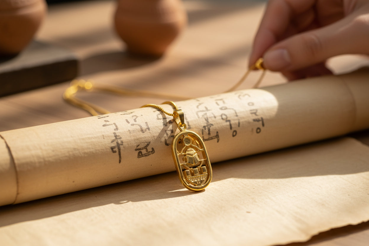 Gold Egyptian Scarab Lapis Lazuli Necklace, Handmade Talisman Divine Pendant