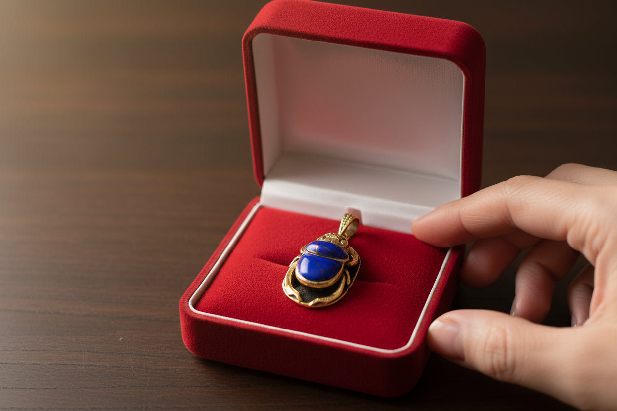 Gold Egyptian Scarab Lapis Lazuli Necklace, Handmade Talisman Divine Pendant