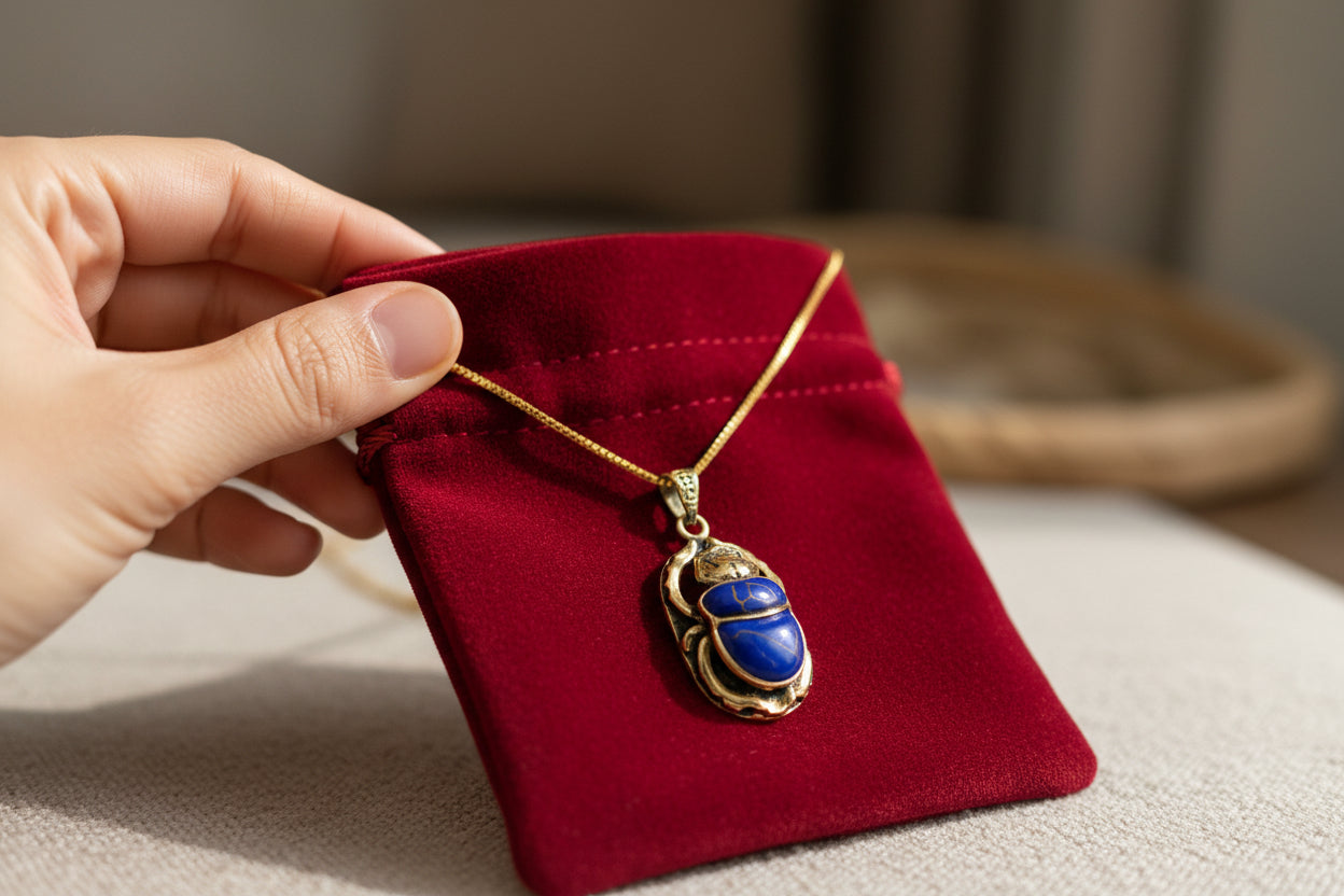 Gold Egyptian Scarab Lapis Lazuli Necklace, Handmade Talisman Divine Pendant