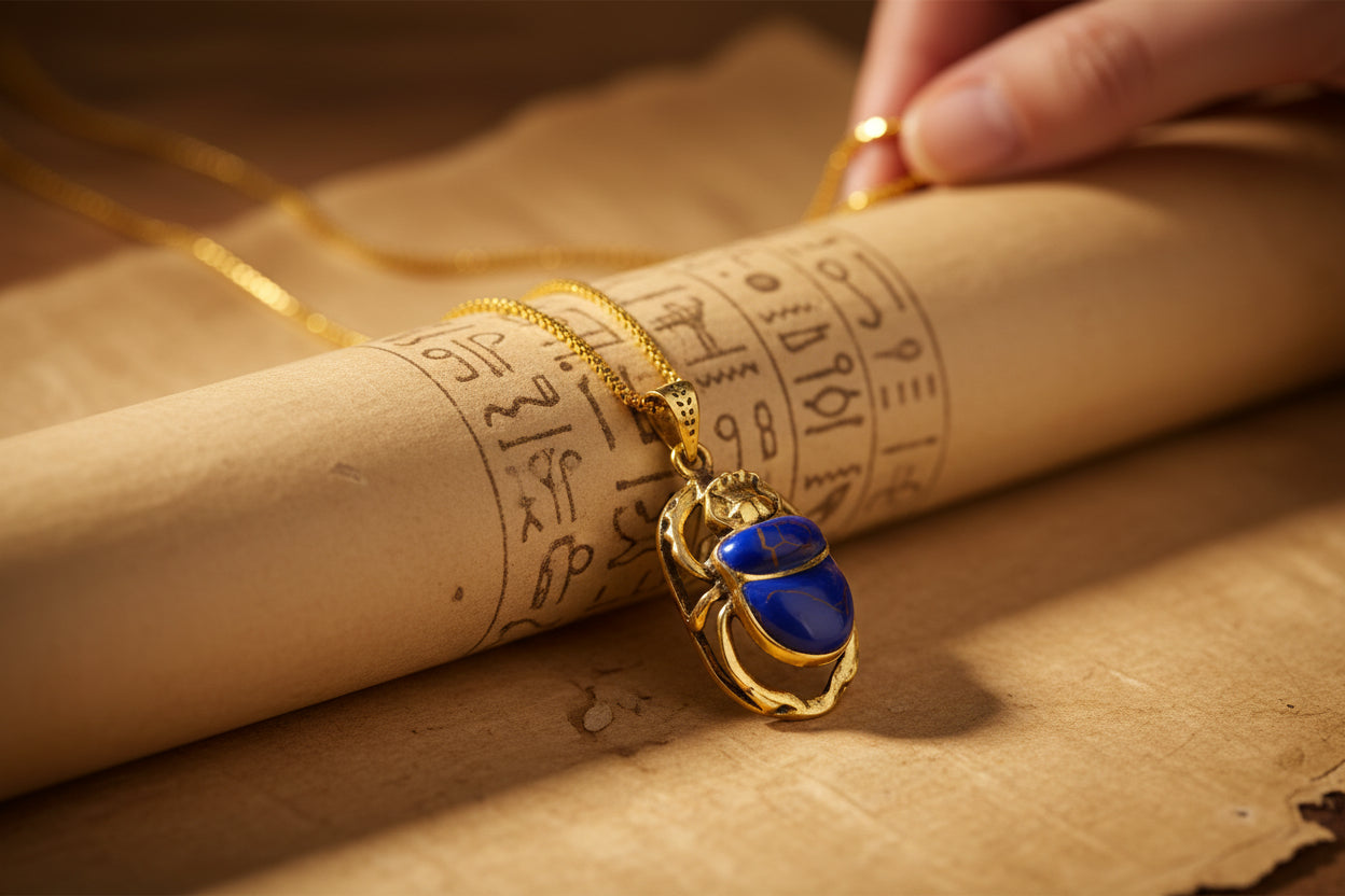 Gold Egyptian Scarab Lapis Lazuli Necklace, Handmade Talisman Divine Pendant