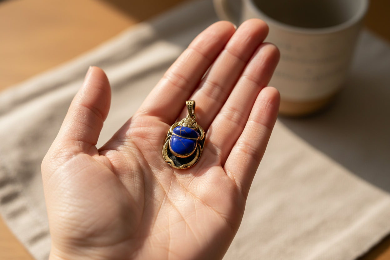 Gold Egyptian Scarab Lapis Lazuli Necklace, Handmade Talisman Divine Pendant