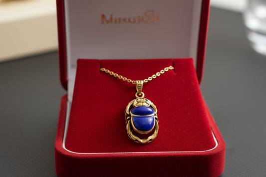 Gold Egyptian Scarab Lapis Lazuli Necklace, Handmade Talisman Divine Pendant