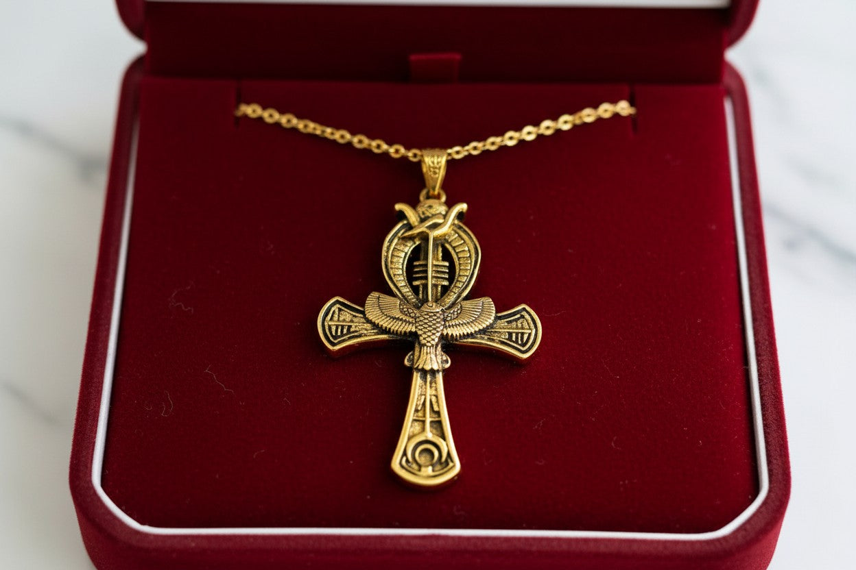 Gold Ankh Pendant, Egyptian Talisman Necklace