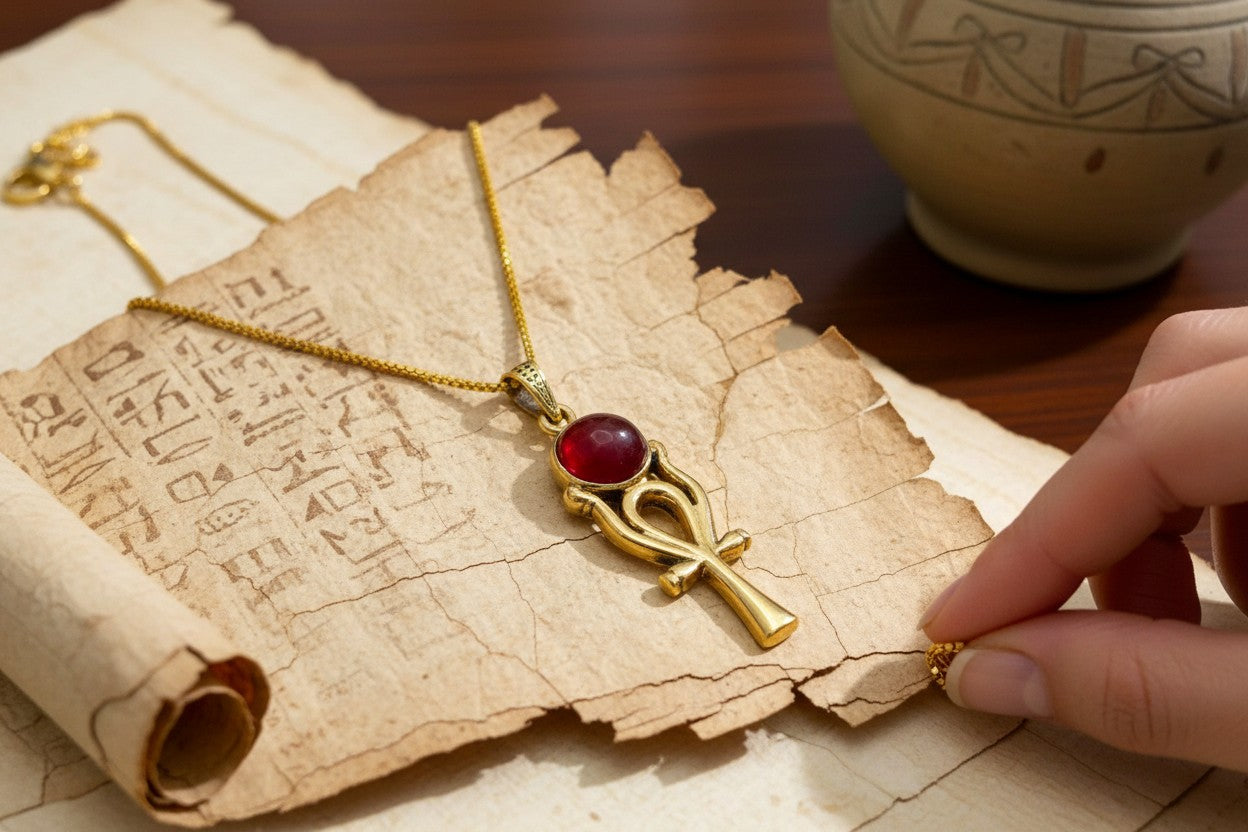 Gold Ankh Necklace, Ka Sun Disk Pendant, Ancient Egyptian Agate Talisman