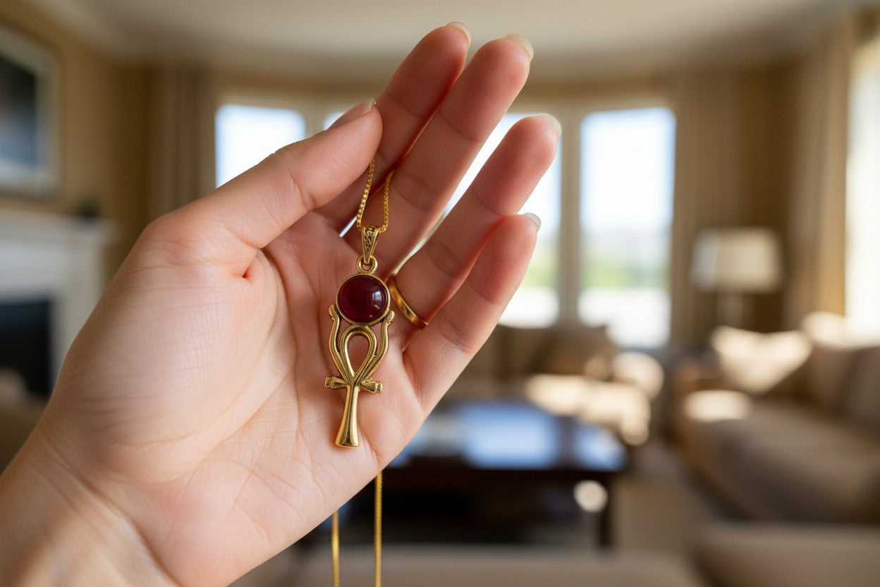 Gold Ankh Necklace, Ka Sun Disk Pendant, Ancient Egyptian Agate Talisman