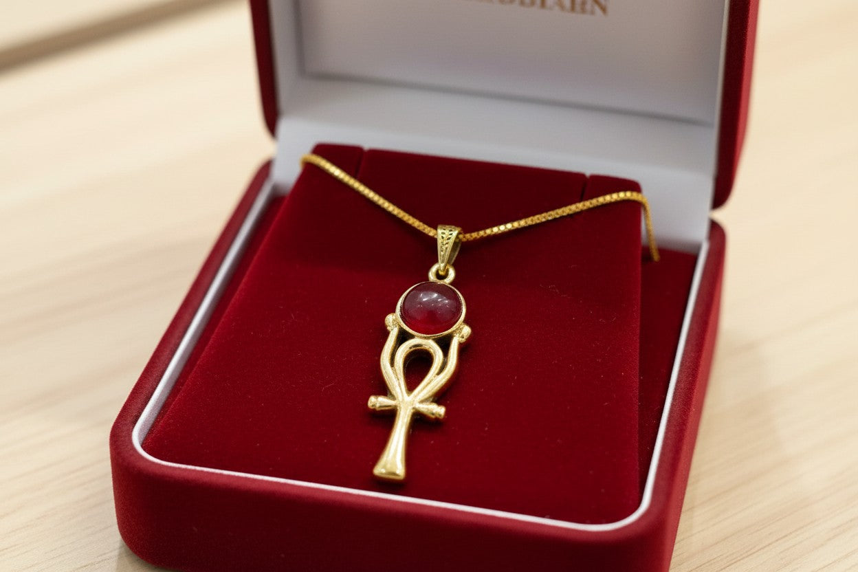 Gold Ankh Necklace, Ka Sun Disk Pendant, Ancient Egyptian Agate Talisman