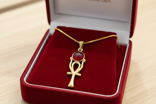 Gold Ankh Necklace, Ka Sun Disk Pendant, Ancient Egyptian Agate Talisman