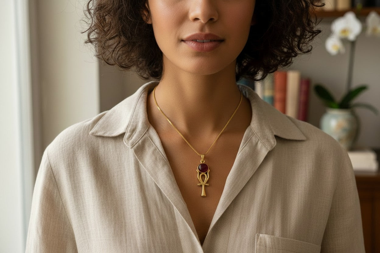 Gold Ankh Necklace, Ka Sun Disk Pendant, Ancient Egyptian Agate Talisman