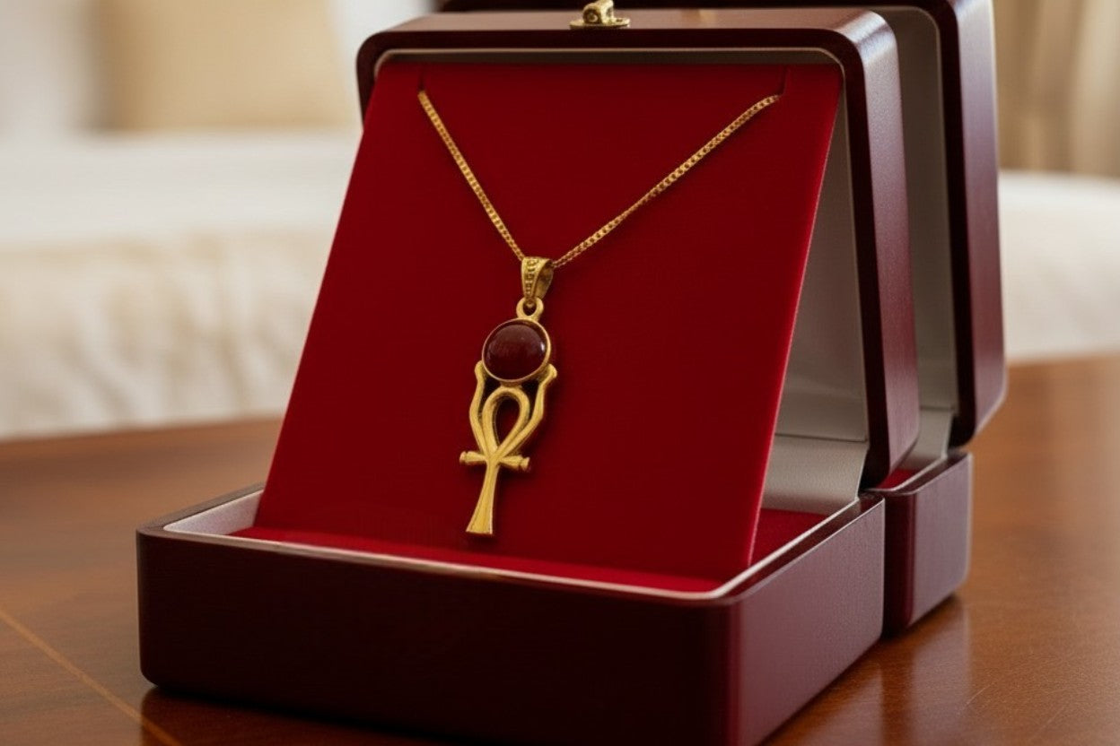 Gold Ankh Necklace, Ka Sun Disk Pendant, Ancient Egyptian Agate Talisman