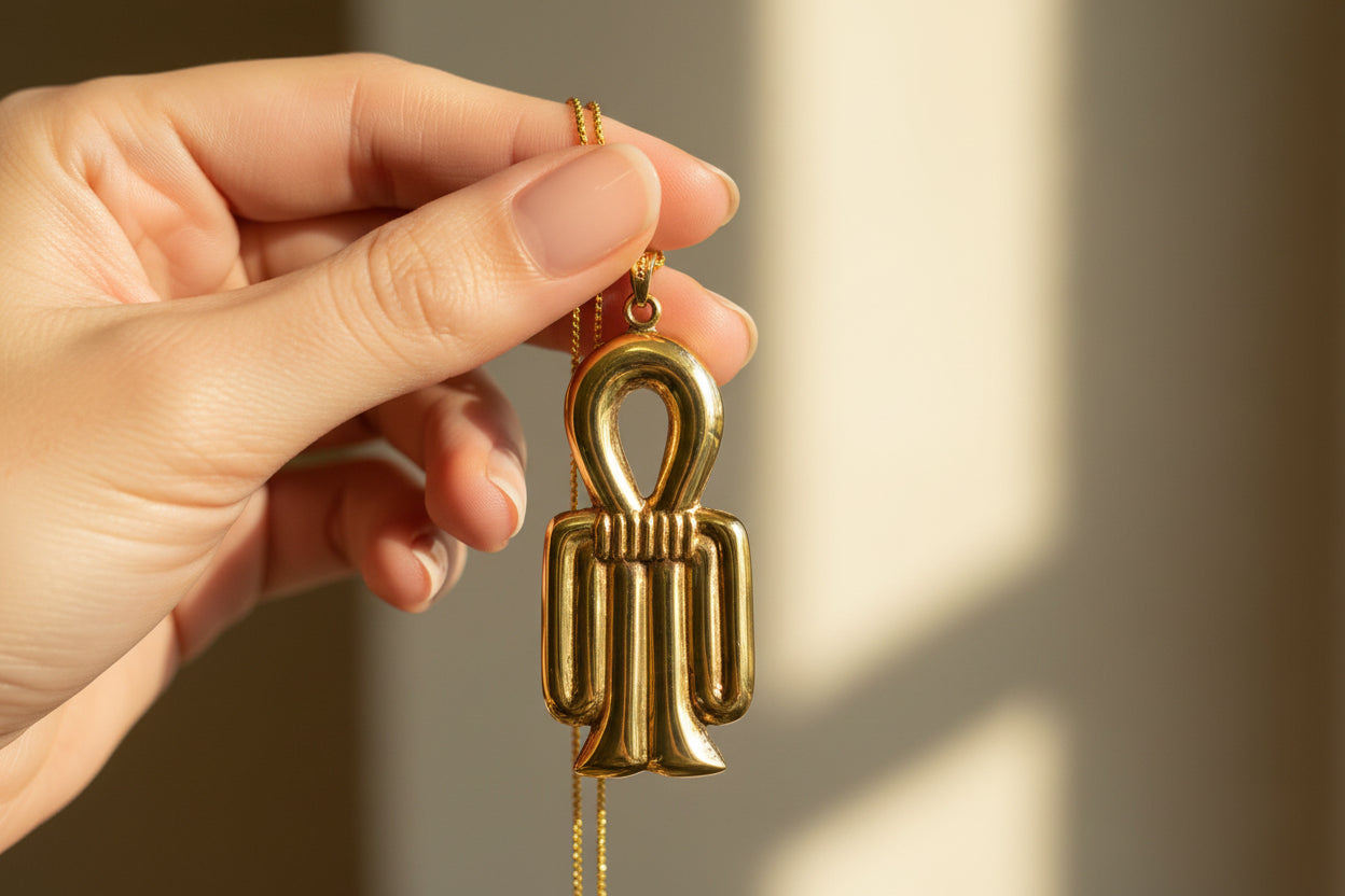 Gold Isis Tyet The Knot Pendant, Egyptian Talisman Divine Necklace