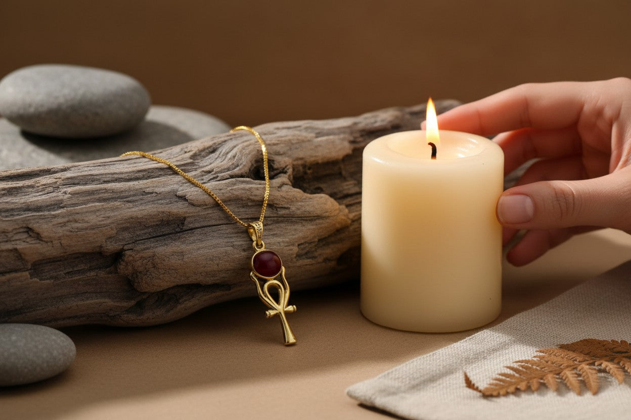 Gold Ankh Necklace, Ka Sun Disk Pendant, Ancient Egyptian Agate Talisman