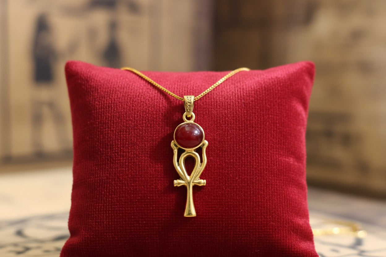 Gold Ankh Necklace, Ka Sun Disk Pendant, Ancient Egyptian Agate Talisman