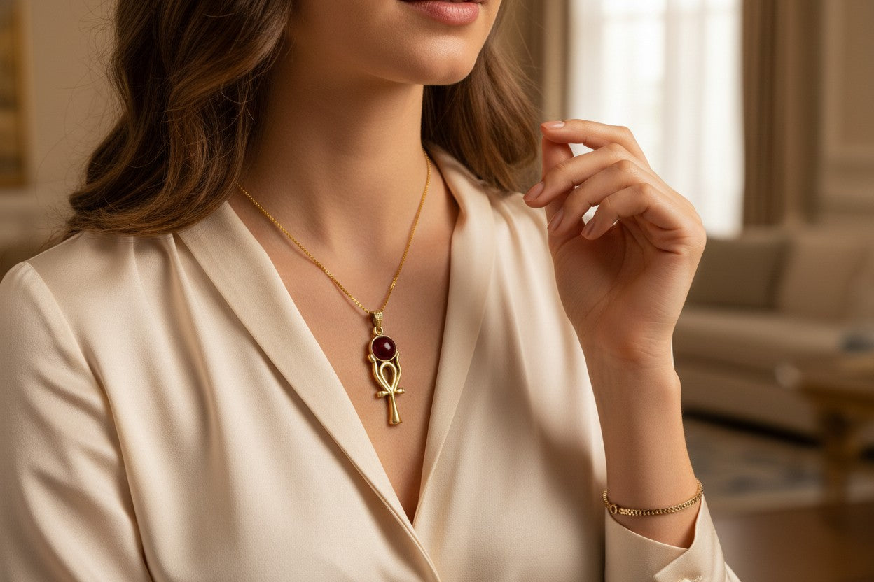 Gold Ankh Necklace, Ka Sun Disk Pendant, Ancient Egyptian Agate Talisman