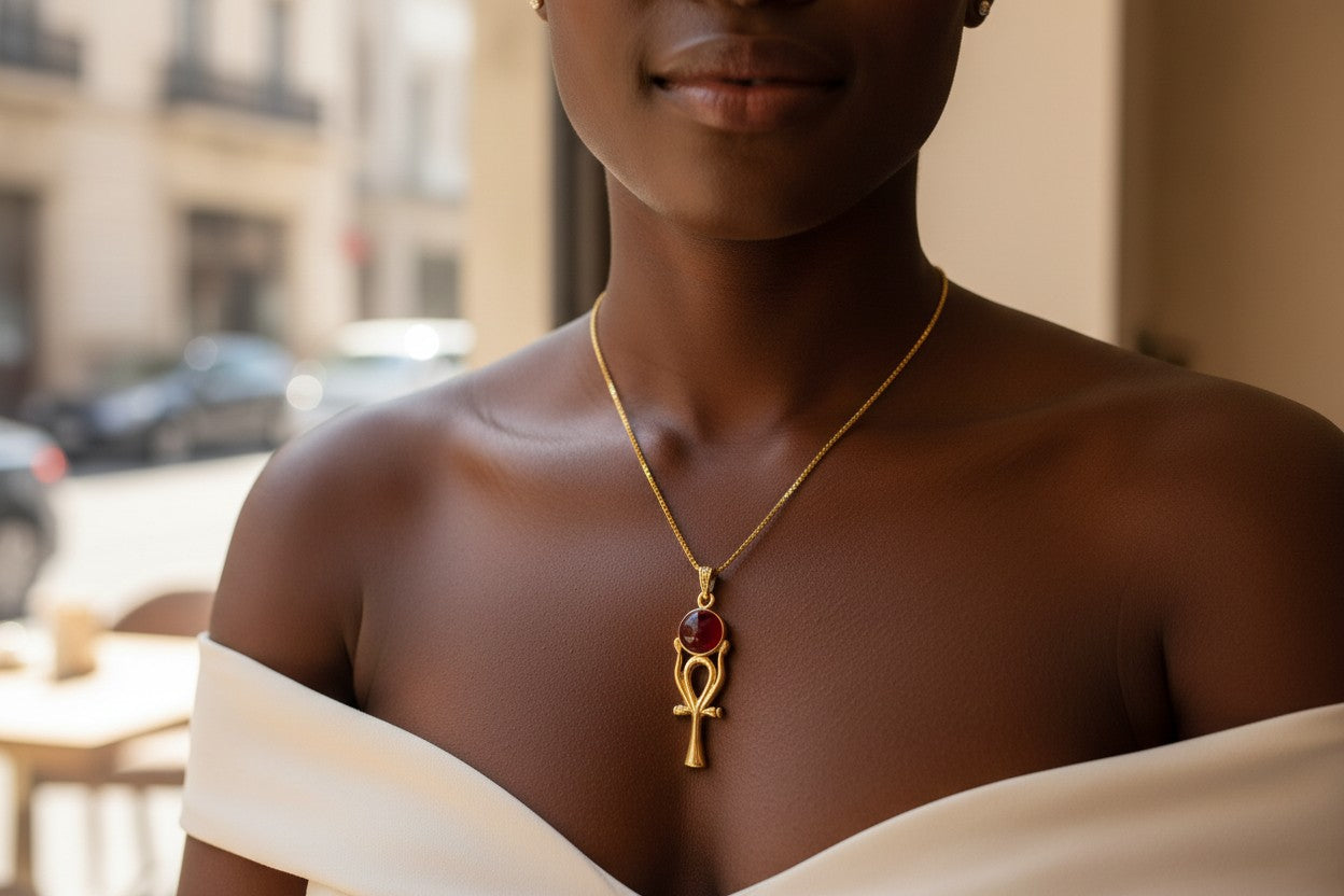 Gold Ankh Necklace, Ka Sun Disk Pendant, Ancient Egyptian Agate Talisman