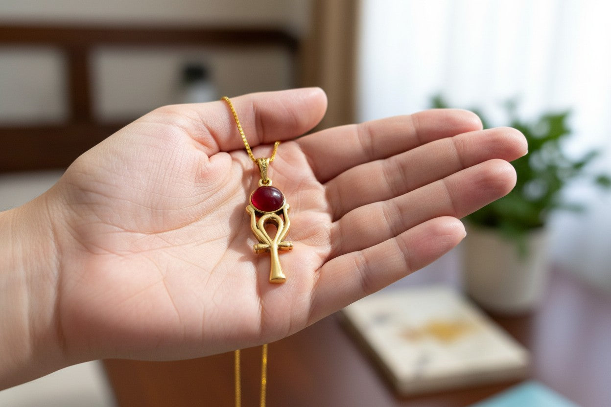 Gold Ankh Necklace, Ka Sun Disk Pendant, Ancient Egyptian Agate Talisman