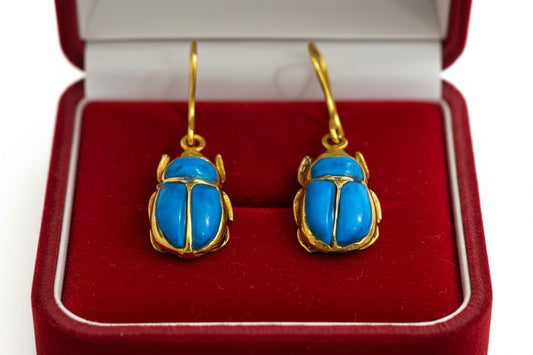 Gold Scarab Turquoise Earrings, Ancient Egyptian Boho Statement Jewelry