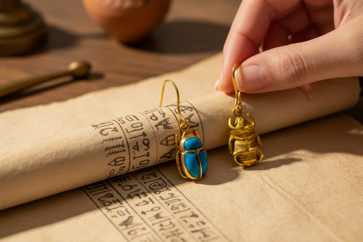 Gold Scarab Turquoise Earrings, Ancient Egyptian Boho Statement Jewelry