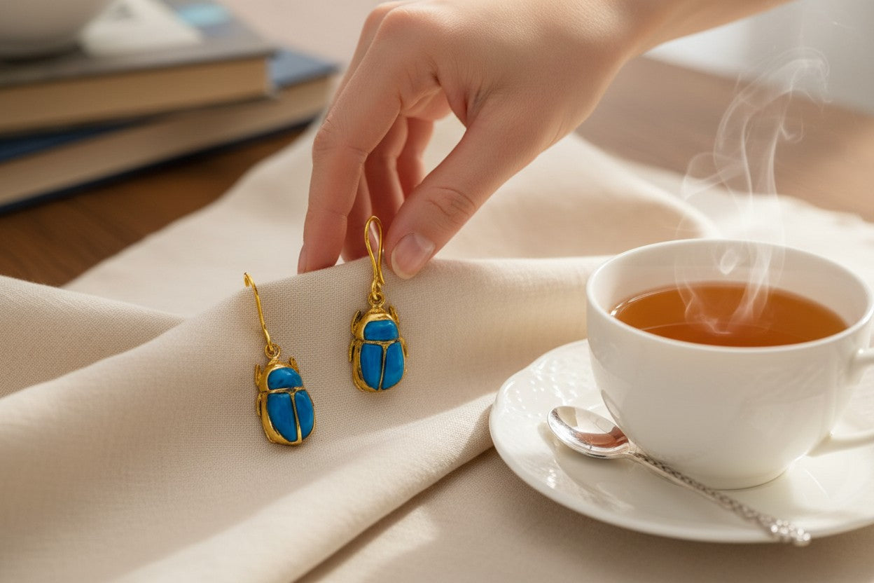 Gold Scarab Turquoise Earrings, Ancient Egyptian Boho Statement Jewelry
