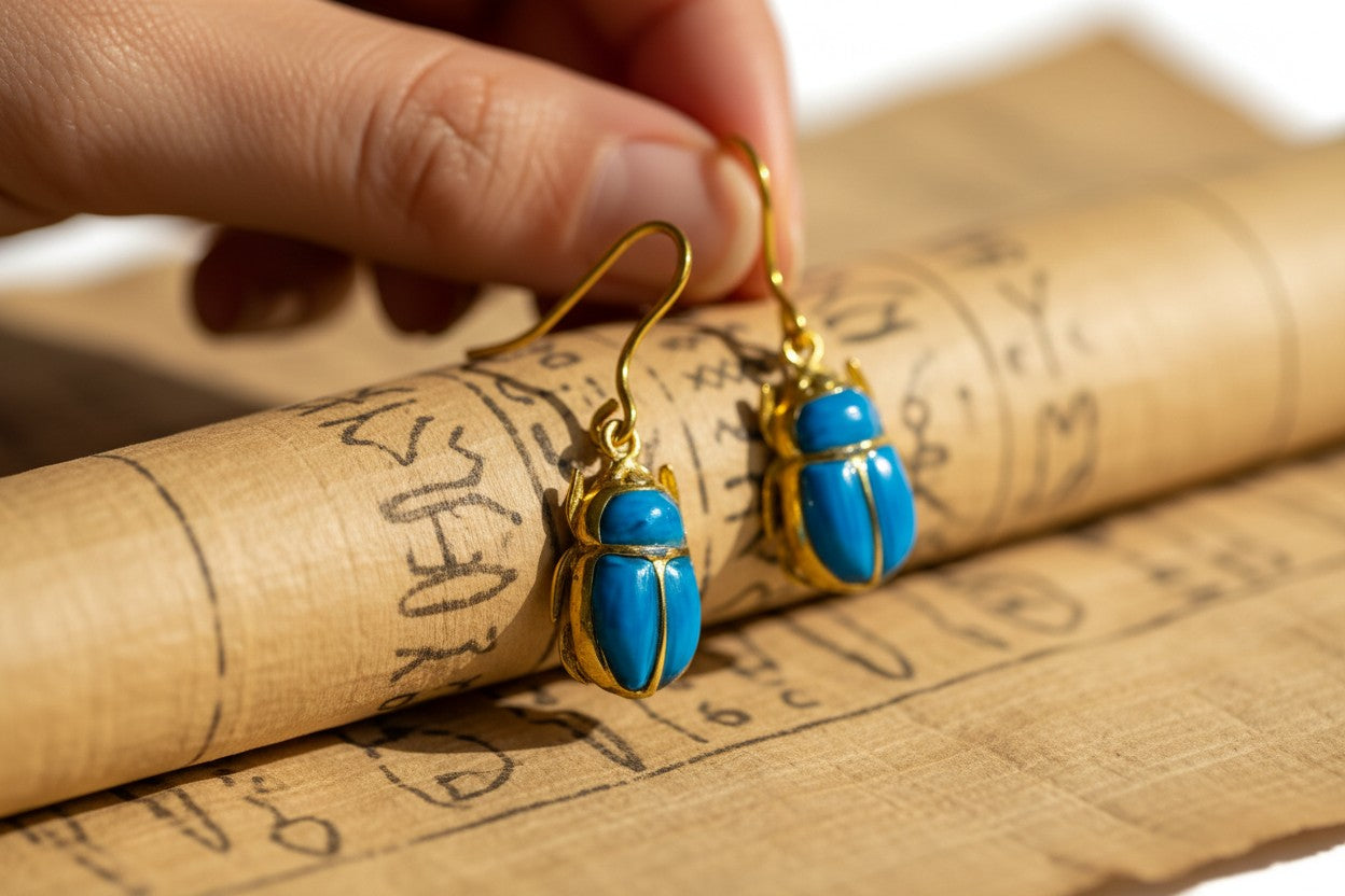 Gold Scarab Turquoise Earrings, Ancient Egyptian Boho Statement Jewelry