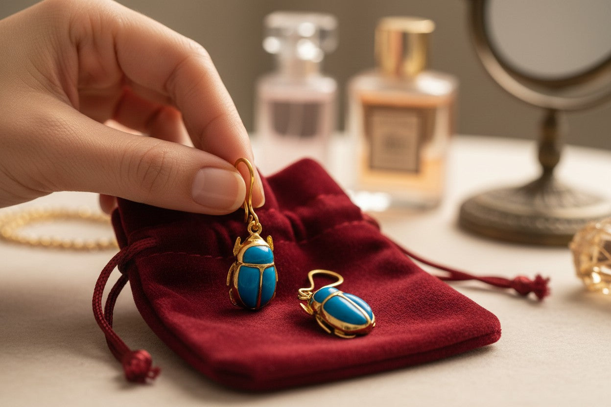 Gold Scarab Turquoise Earrings, Ancient Egyptian Boho Statement Jewelry