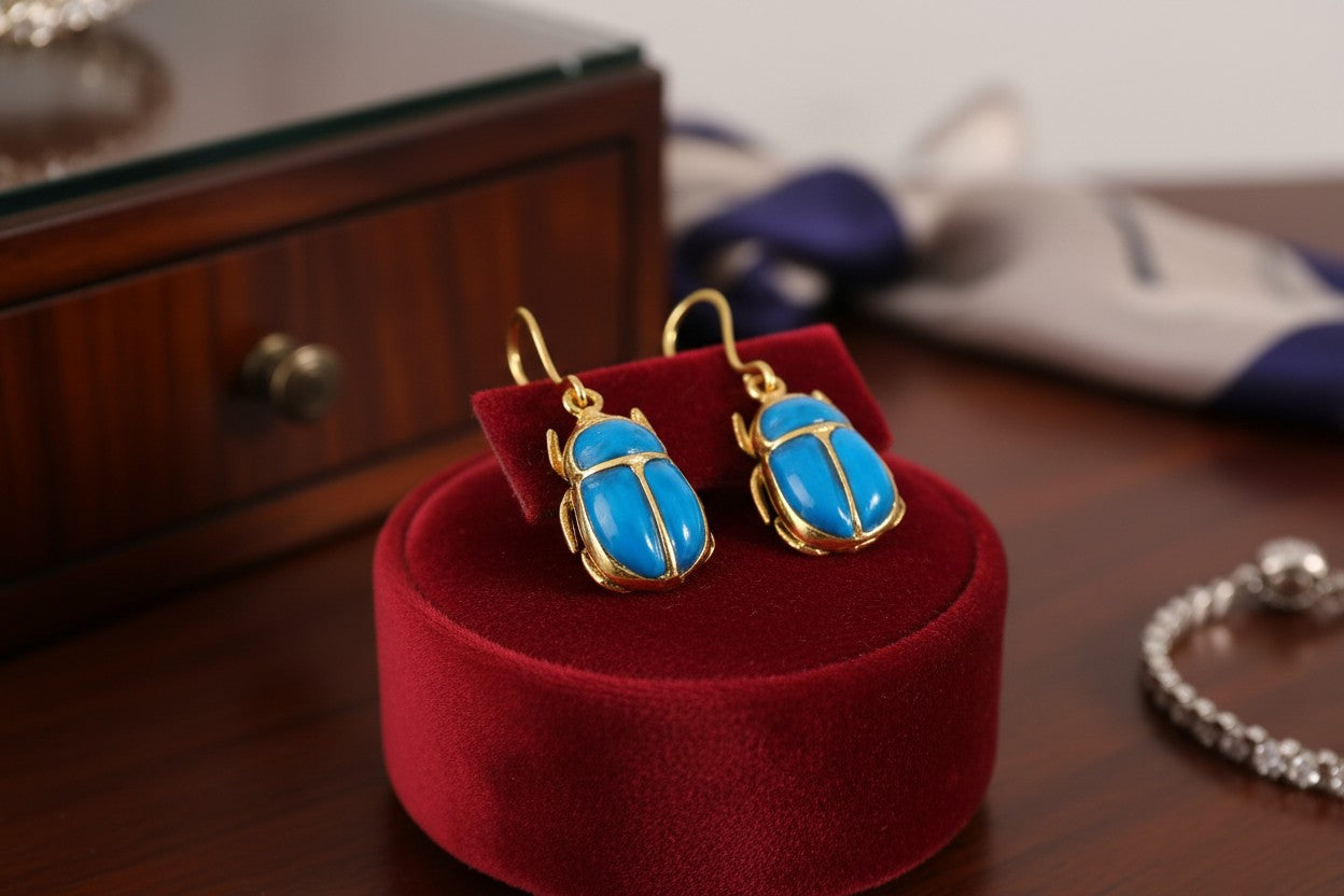 Gold Scarab Turquoise Earrings, Ancient Egyptian Boho Statement Jewelry