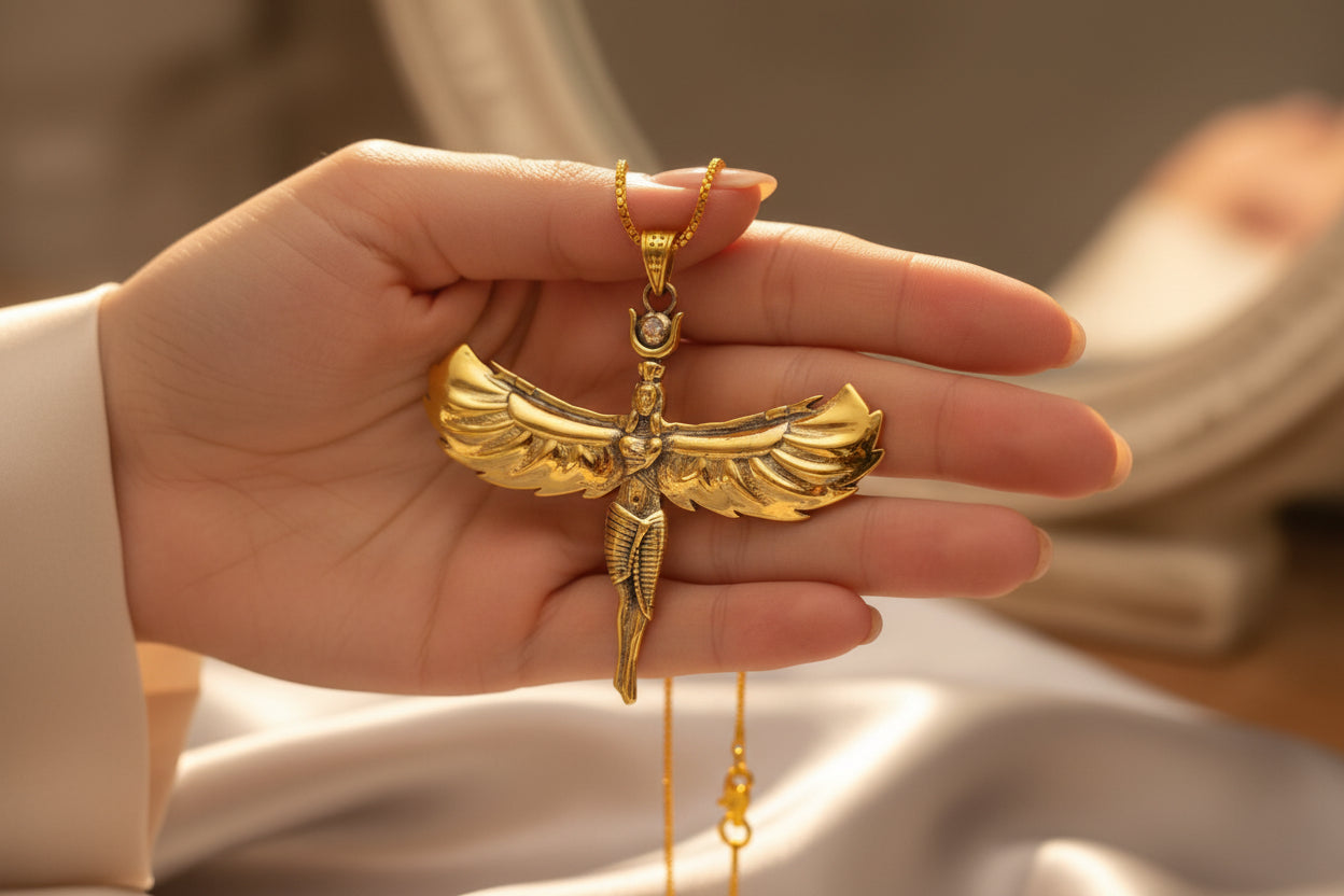 Gold Goddess Isis Pendant, Egyptian Divine Minimalist Necklace Gift