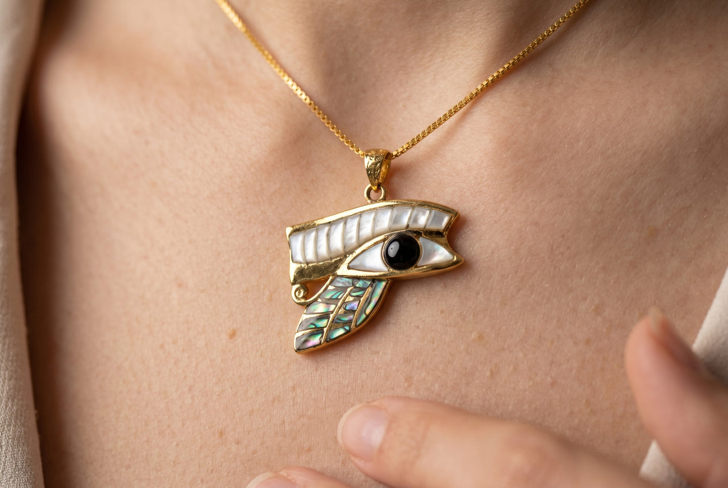 Gold Eye of Horus Mother of Pearl Abalone Necklace, Egyptian Revival Jewelry, Eye of Horus Pendant, Talisman Gift, Protection Charm