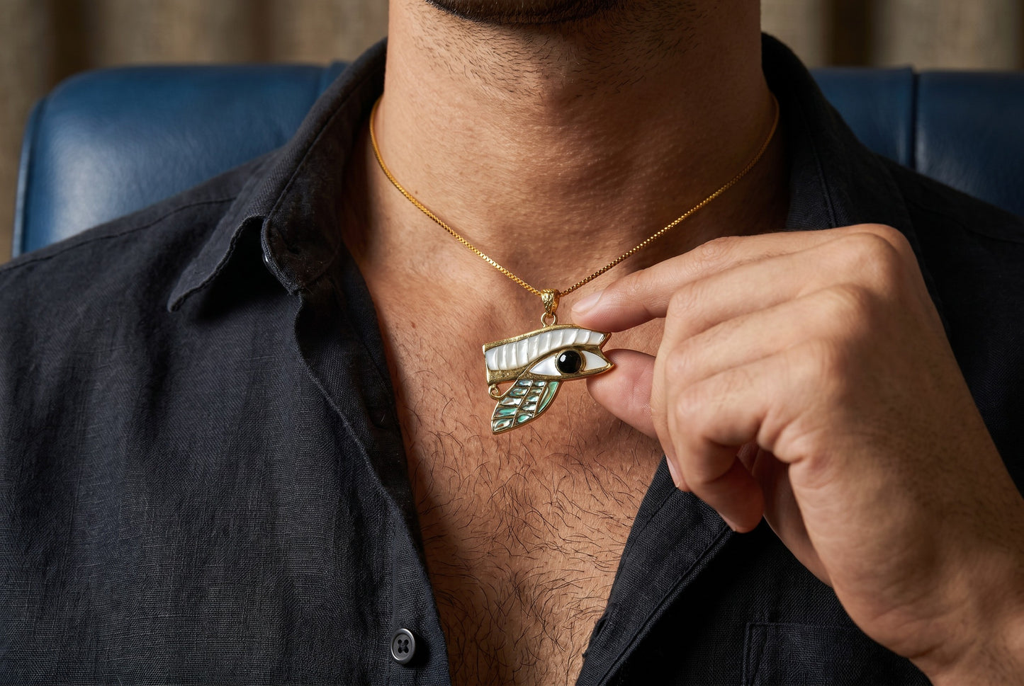 Gold Eye of Horus Mother of Pearl Abalone Necklace, Egyptian Revival Jewelry, Eye of Horus Pendant, Talisman Gift, Protection Charm