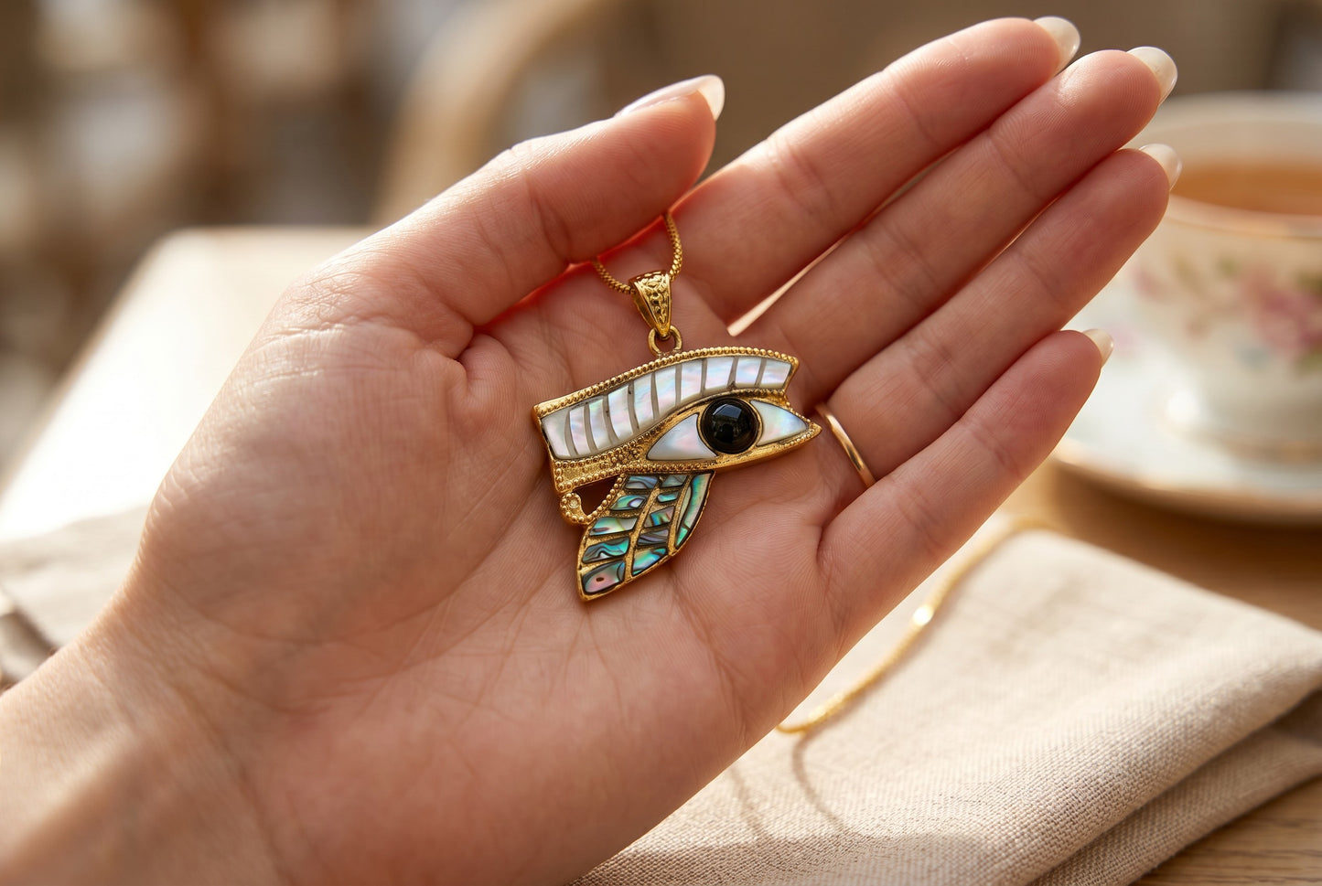 Gold Eye of Horus Mother of Pearl Abalone Necklace, Egyptian Revival Jewelry, Eye of Horus Pendant, Talisman Gift, Protection Charm
