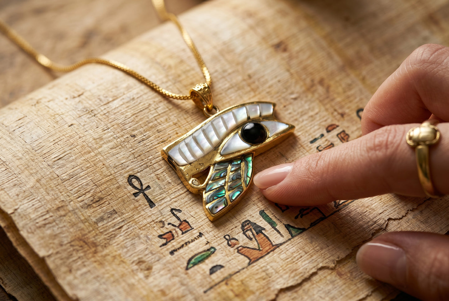 Gold Eye of Horus Mother of Pearl Abalone Necklace, Egyptian Revival Jewelry, Eye of Horus Pendant, Talisman Gift, Protection Charm