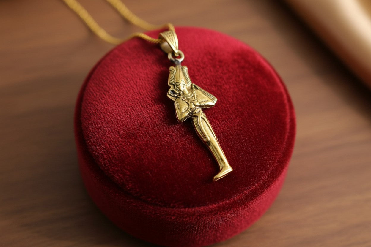 Gold God Osiris Pendant Necklace, Egyptian Revival Talisman