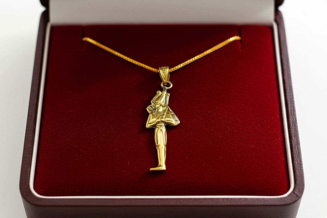 Gold God Osiris Pendant Necklace, Egyptian Revival Talisman
